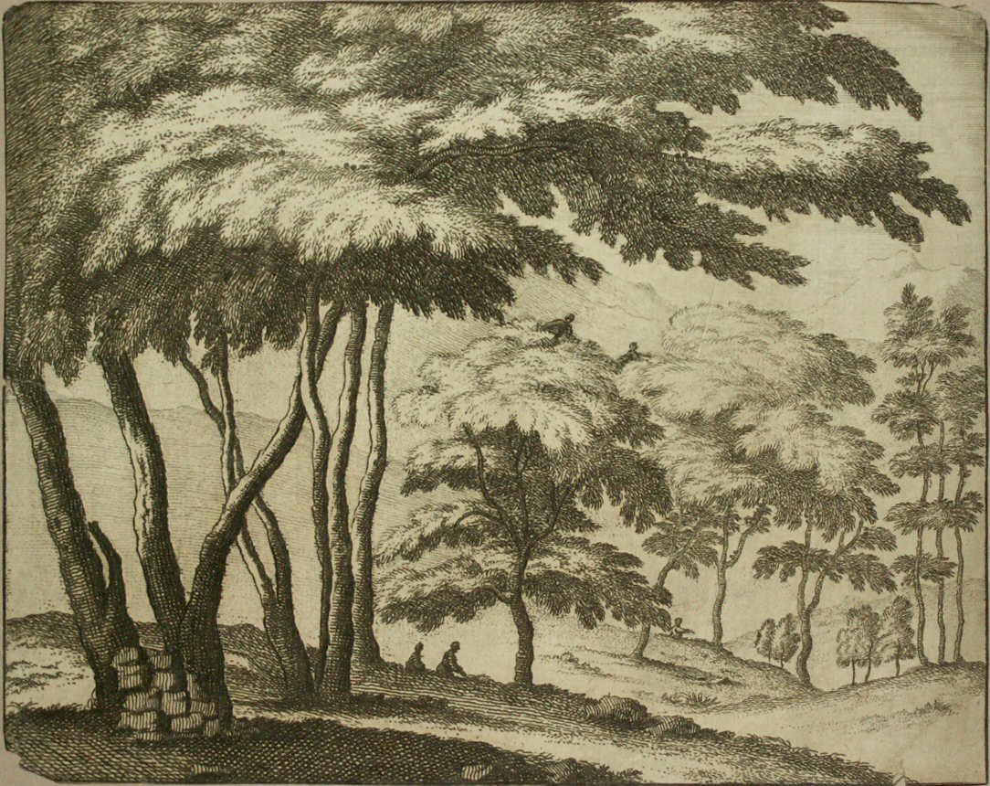 Etching - (Landscape with trees and figures on ground and in tree tops)