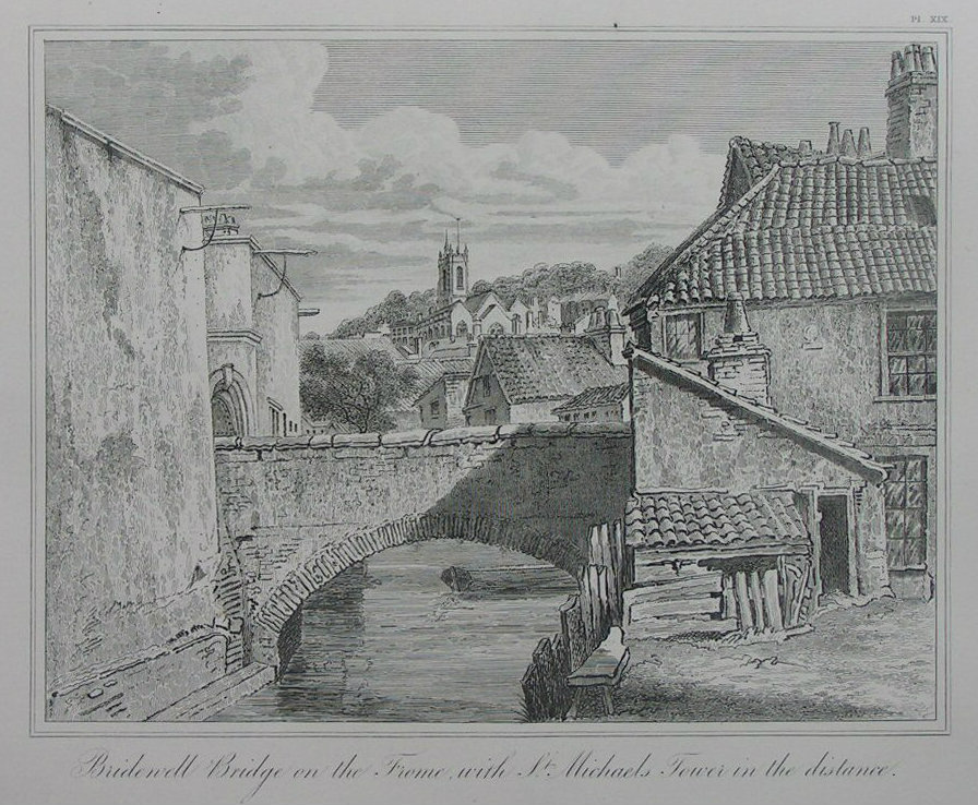 Etching - Bridewell Bridge on the Frome, with St. Michael's Tower in the distance. - Skelton