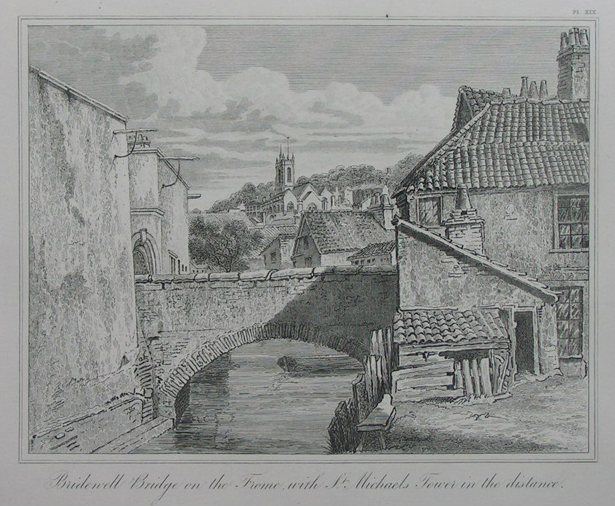 Etching - Bridewell Bridge on the Frome, with St. Michael's Tower in the distance. - Skelton