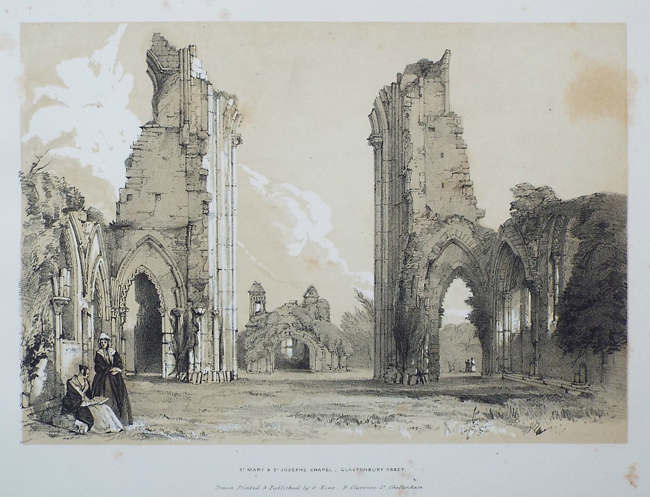 Lithograph - St. Mary & St. Josephs Chapel. Glastonbury Abbey. - Rowe