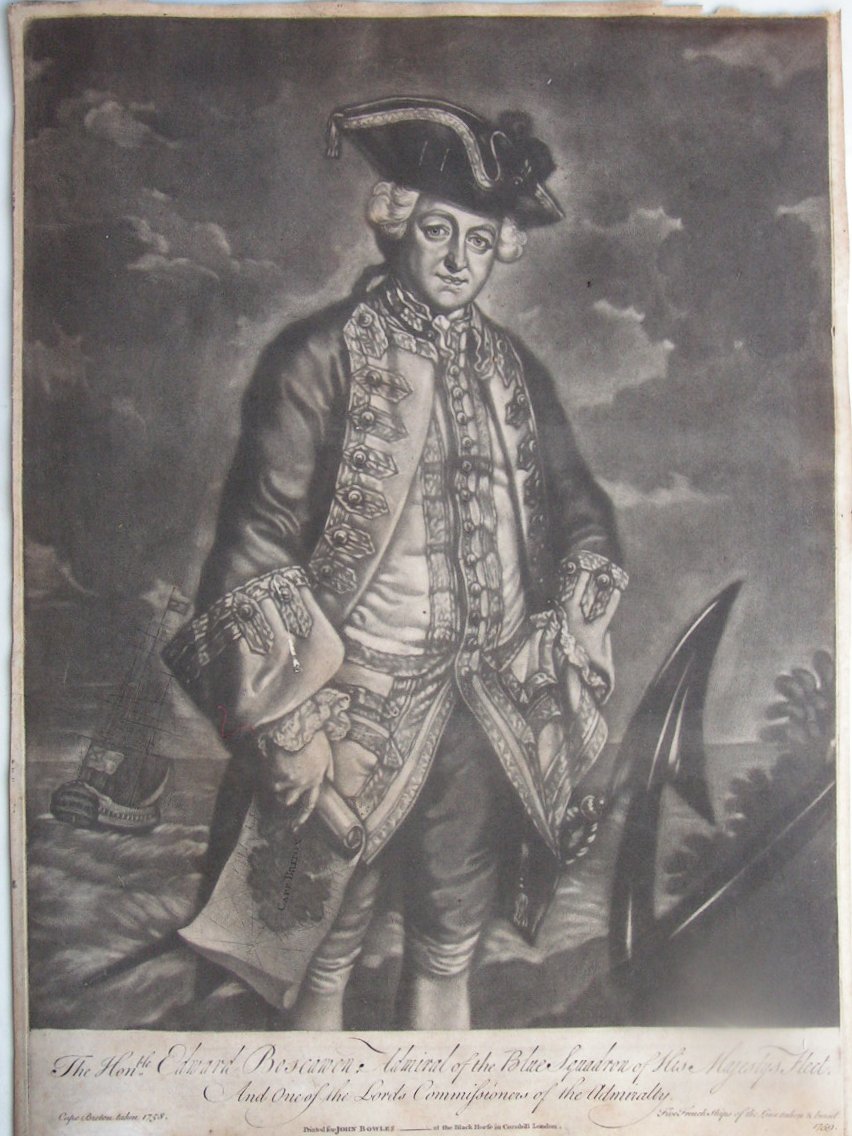Mezzotint - The Honble Edward Boscawen, Admiral of the Blue Squadron of His Majesty's Fleet. And One of the Lords Commissioners of the Admiralty.