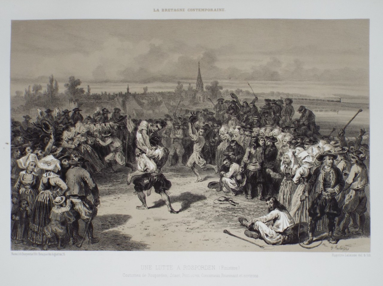 Lithograph - Une Lutte a Rosporden. (Finistere) Costumes de Rosporden,Scaer,. Pont-Aven, Concarneau, Fouesnant et environs. - Lalaise