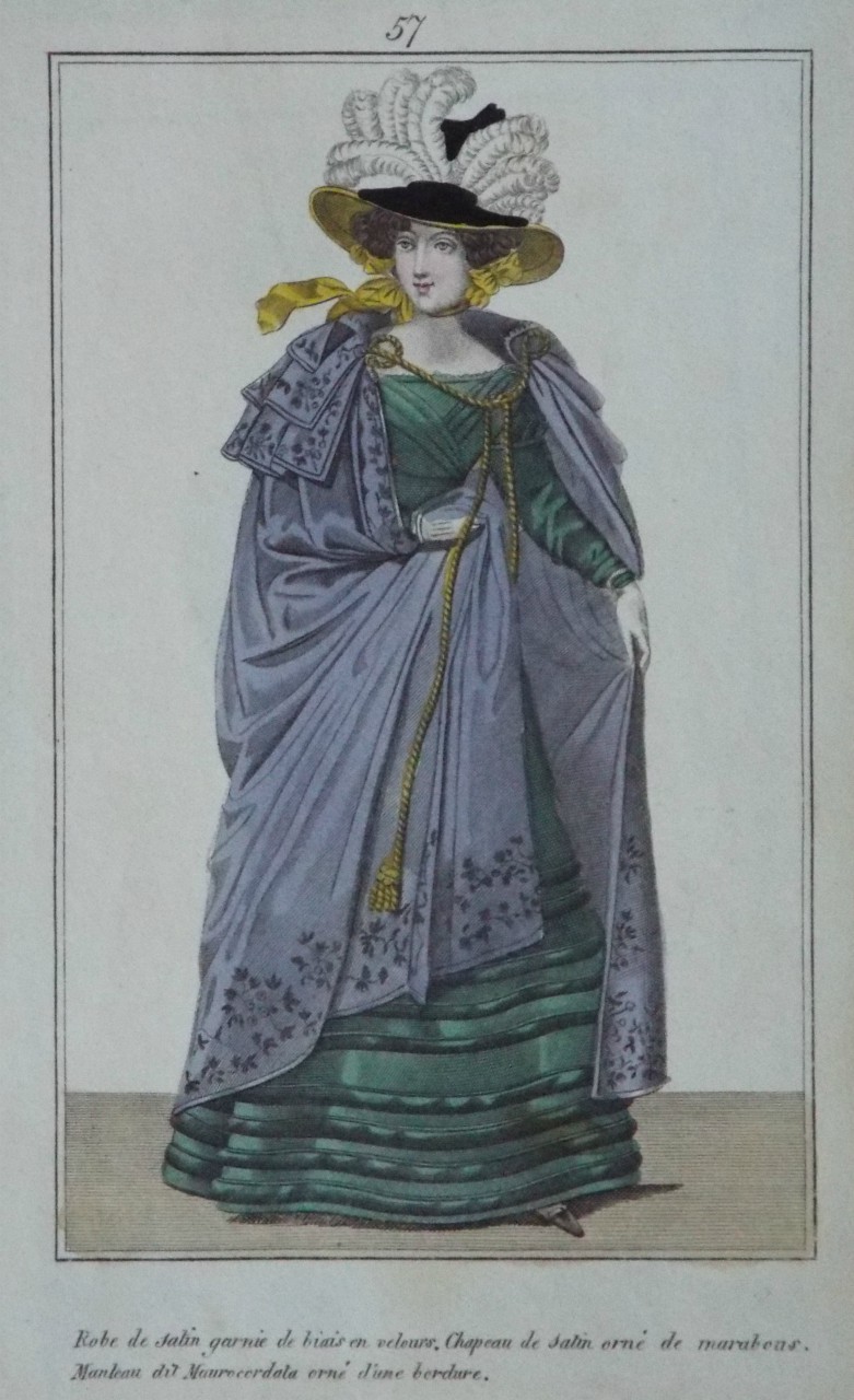 Print - 57. Robe de satin garnie de biais en velours. Chapeau de satin orne de marabons. Manteau dit Mourocordata orne d'une bordure.