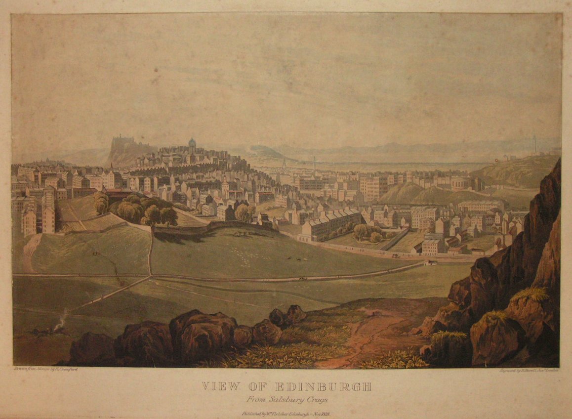 Aquatint - View of Edinburgh from Salsbury Craggs - Havell