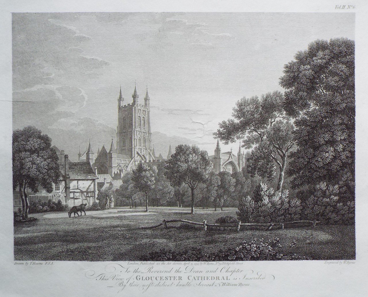 Lithograph - To the Reverand Dean and Chapter, This View of Gloucester Cathedral is Insccribed By their most obedient humble William Byrne. - Byrne