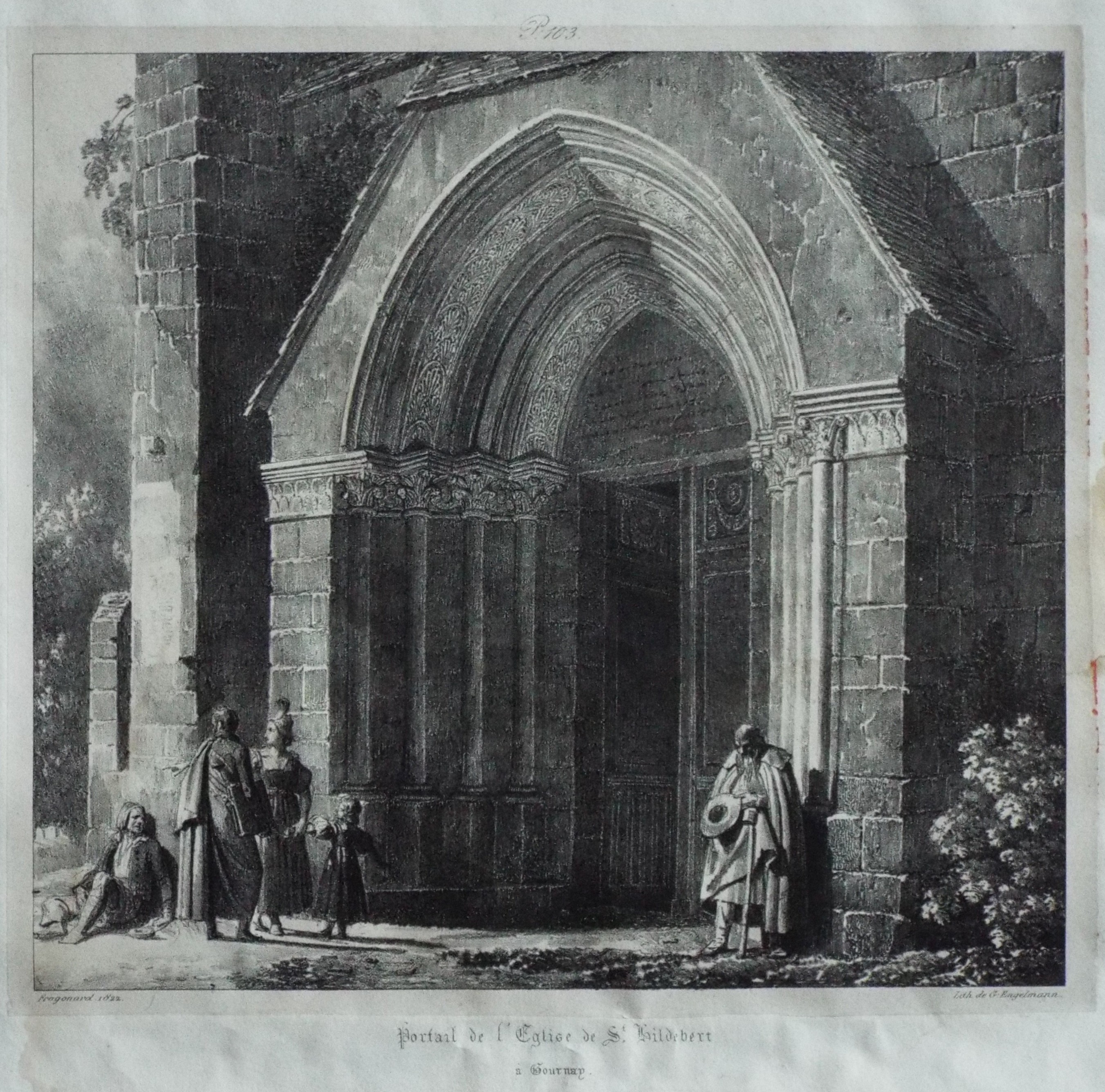 Lithograph - Portail de l'Eglise de St. Hildebert a Gournay.