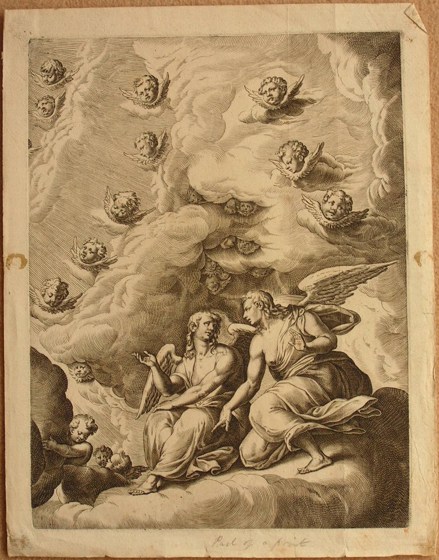Print - (angels in clouds with many flying cherubs)