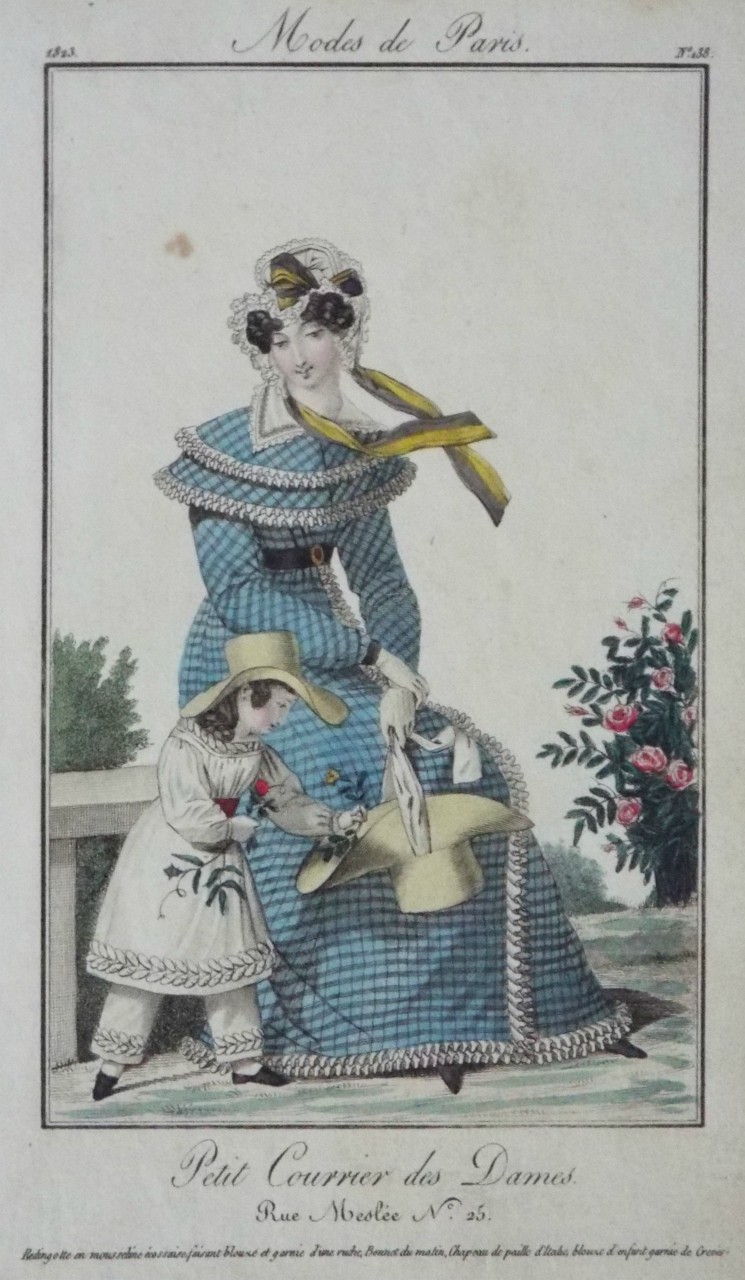 Print - Redingotte en mousseline ecossaise fuisane blouse et garnie d'une ruche, Bonnet du matin, Chapeau de paille d'Italie. blouse d'enfant garnie de Creves