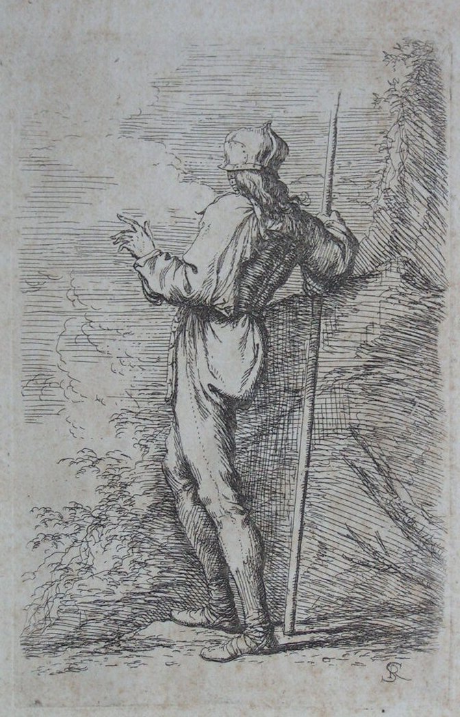 Etching - Soldier leaning on a rock - Rosa