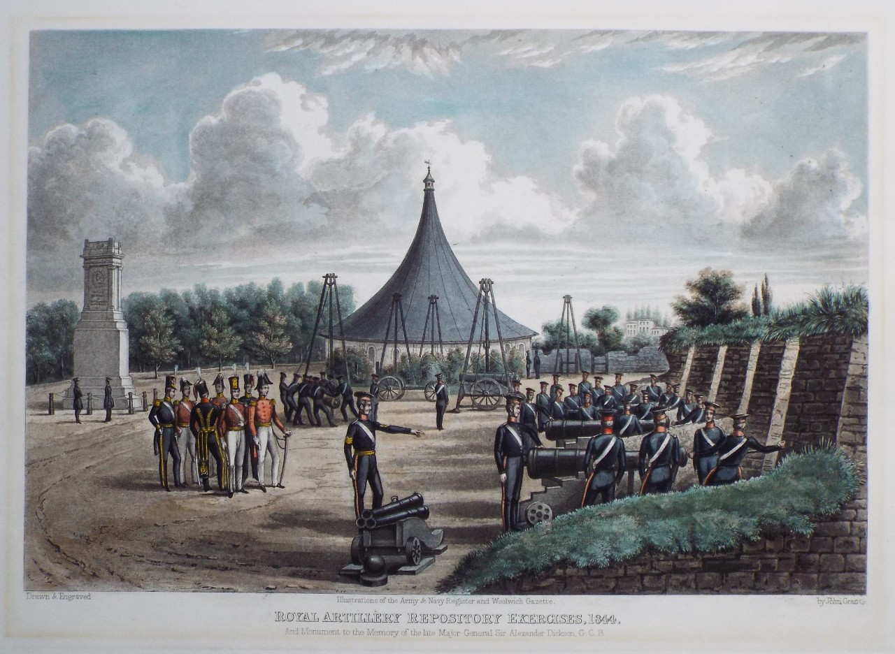 Aquatint - Royal Artillery Repository Exercises 1844, and Monument to the Memory of the late Major General Sir Alexander Dickson G.C.B. - Grant