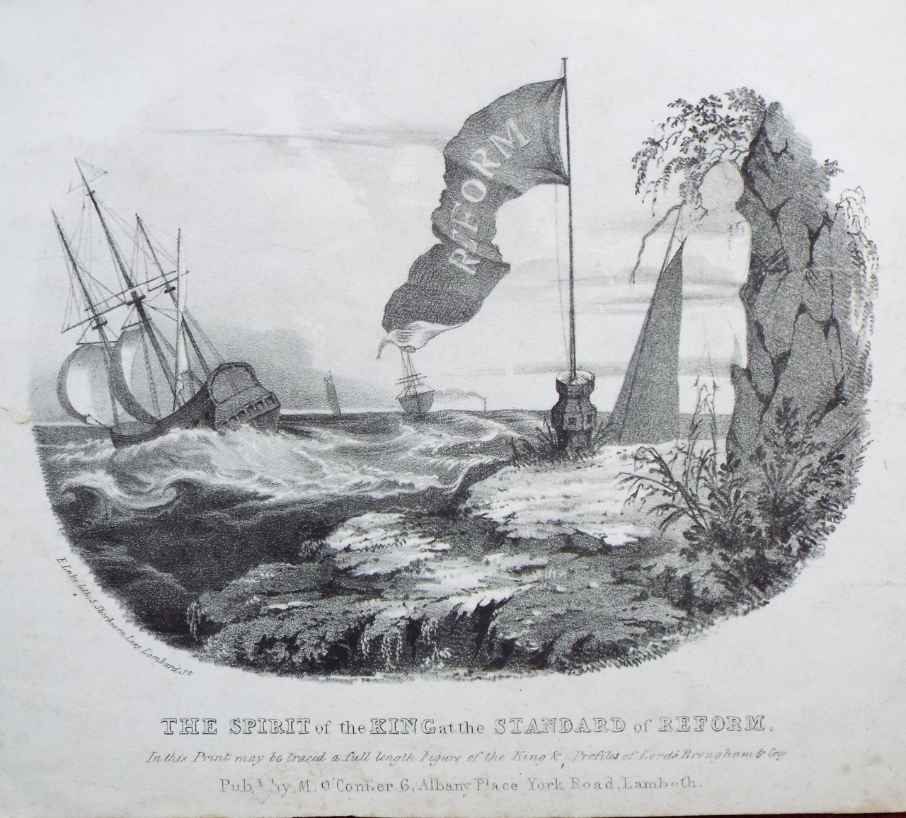 Lithograph - The Spirit of the King at the Standard of Reform.In this Print may be traced a full length Figure of the King & Profiles of Lord's Brougham & Gray.