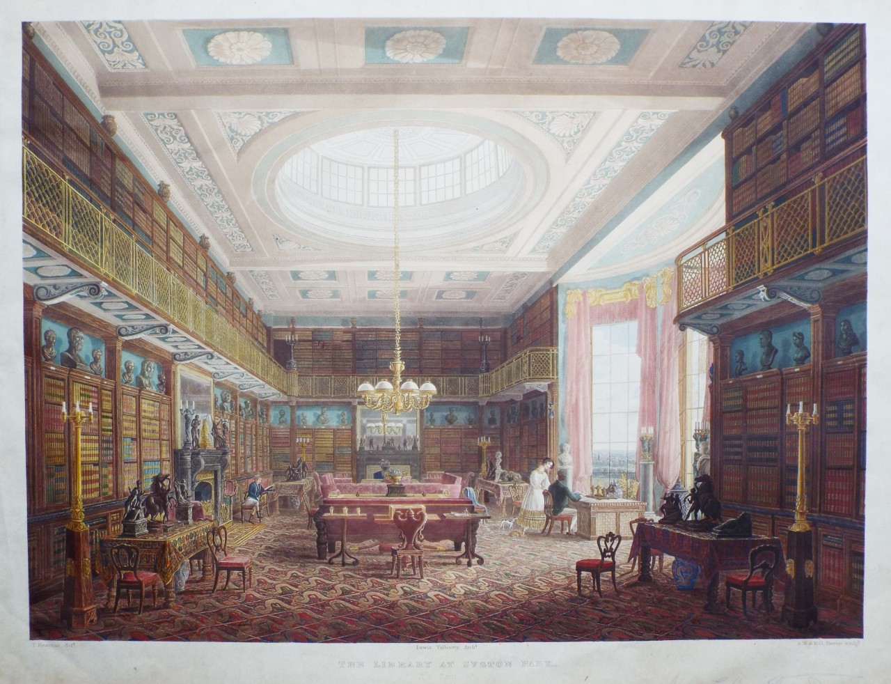 Aquatint - The Library at Syston Park. The Seat of Sir John H. Thorold Bart. - Reeve