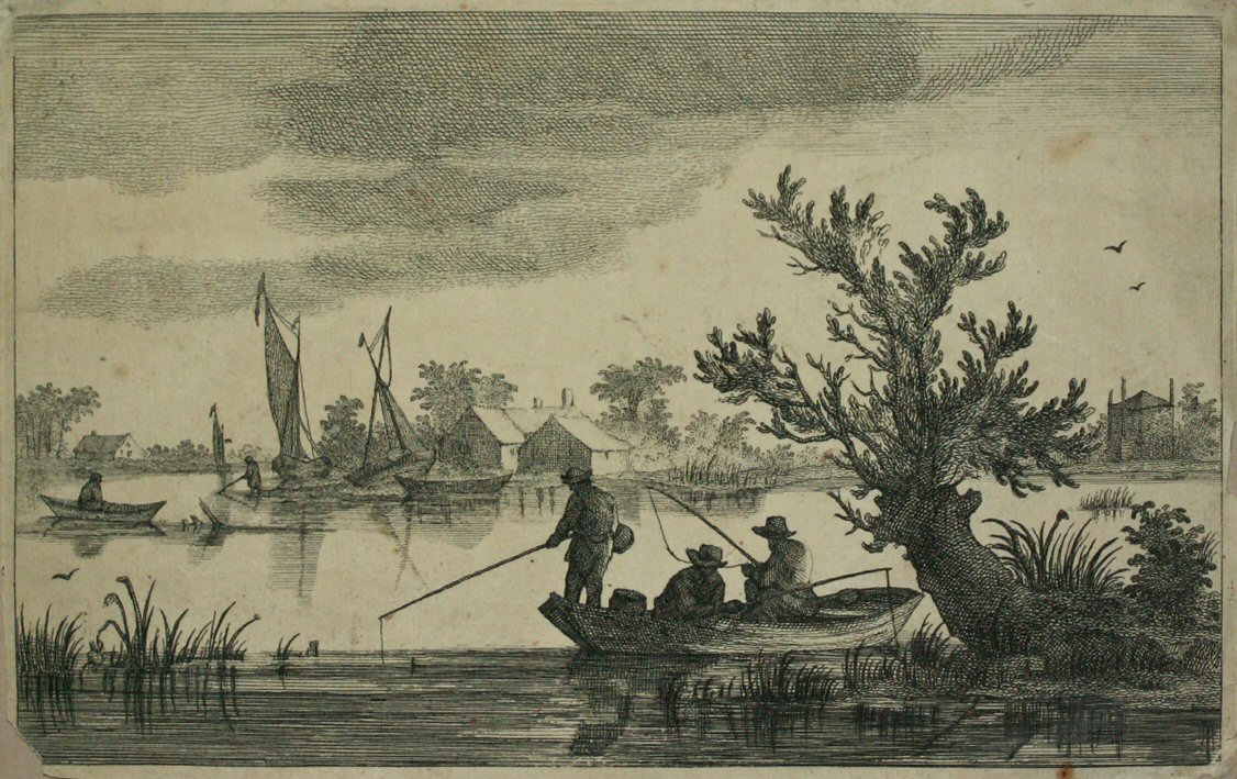 Etching - (Lake scene with fishermen in boats)