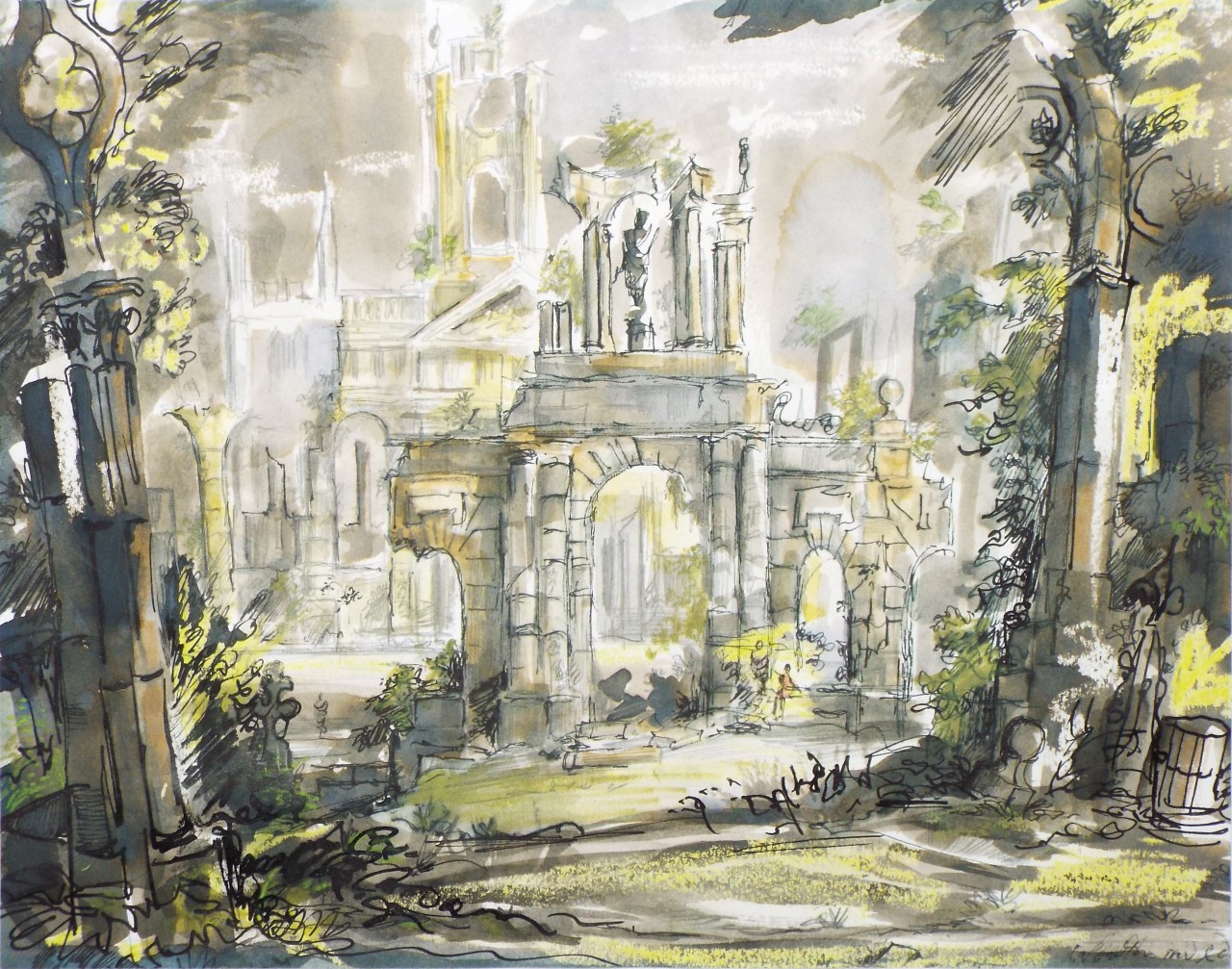 Watercolour and ink - Ruins of Queen's College, Oxford