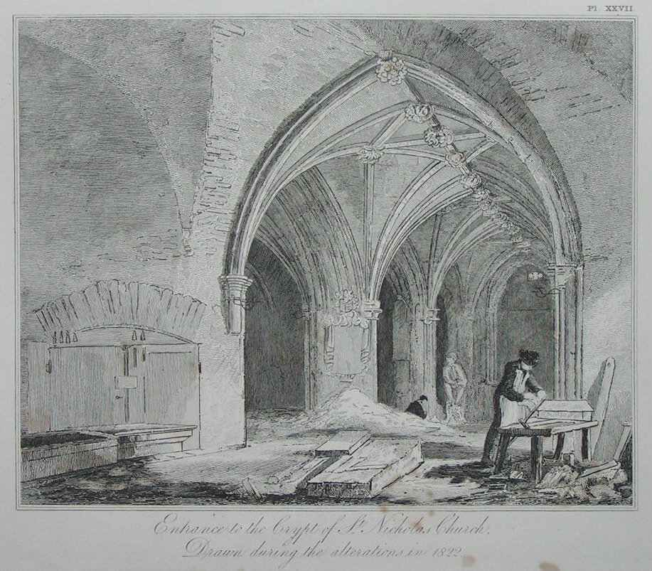 Etching - Entrance to the Crypt of St. Nicholas Church. Drawn during the alterations in 1822. - Skelton