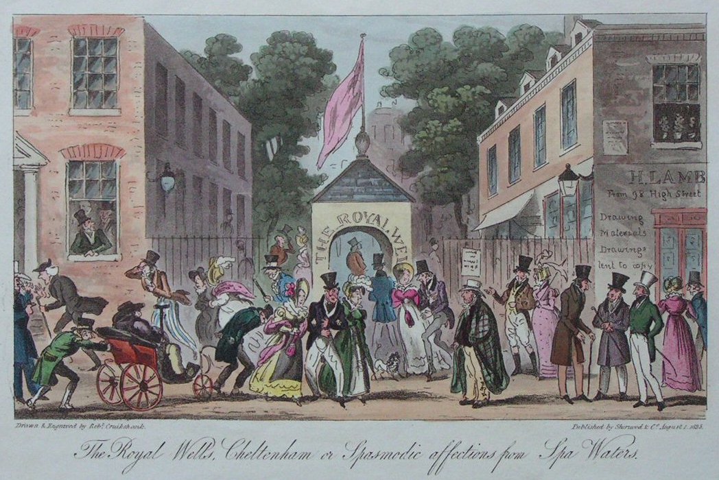 Aquatint - The Royal Wells, Cheltenham or Spasmodic Affections from Spa Waters.  - Cruikshank