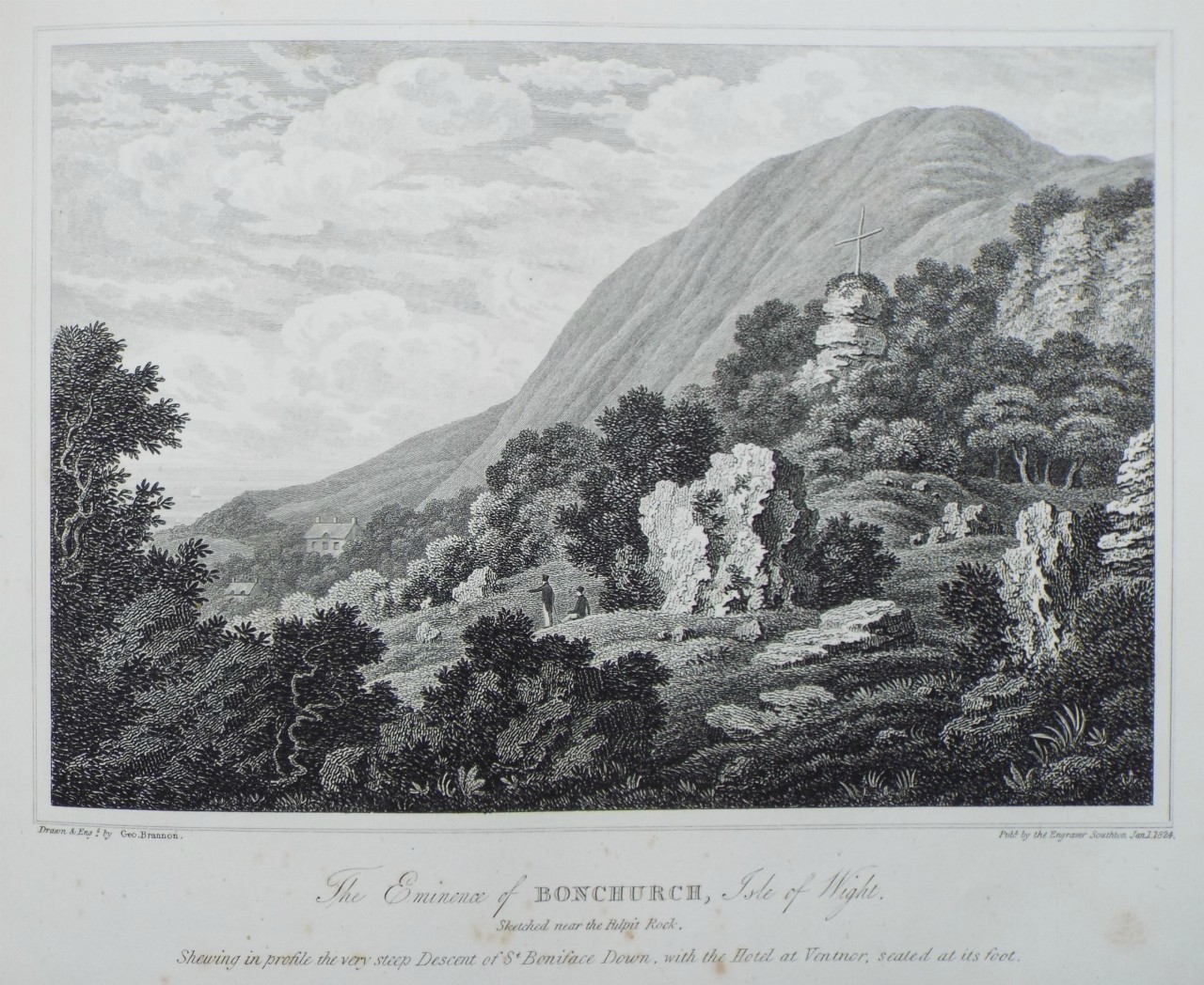 Print - The Eminence of Bonchurch, Isle of Wight, Sketched near the Pulpit Rock. - Brannon