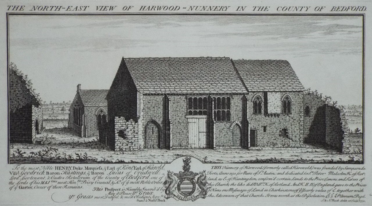 Print - The North-East View of Harwood-Nunnery, in the County of Bedford. - Buck