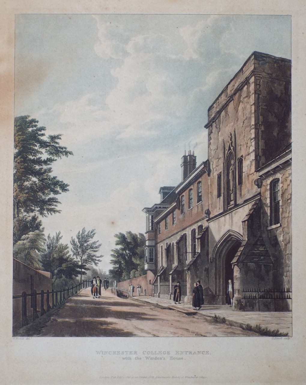Aquatint - Winchester College Entrance, with the Warden's House. - Havell
