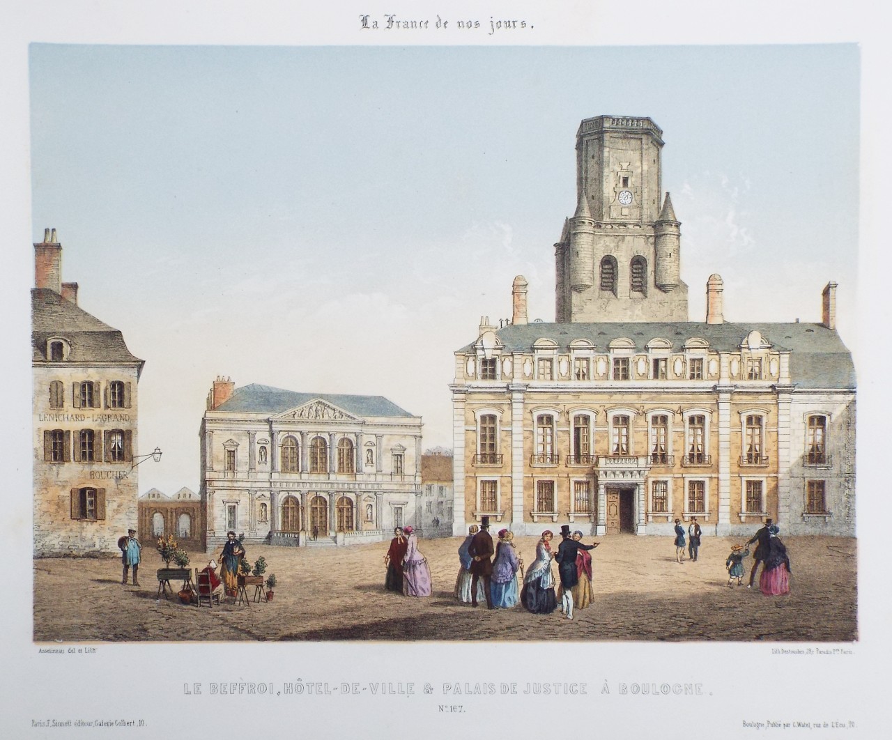 Lithograph - Le Beffroi, Hôtel de Ville & Palais de Justice À Boulogne. - 