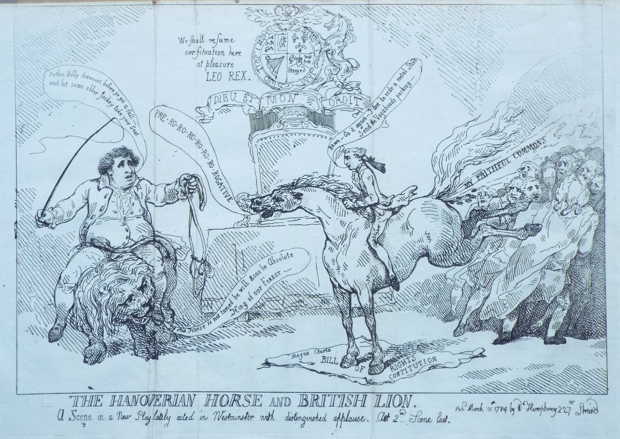Etching - The Hanoverian Horse and British Lion. A Scene in a New Play lately acted in Westminster with distinguished applause. Act 2nd. Scene last. - Rowlandson