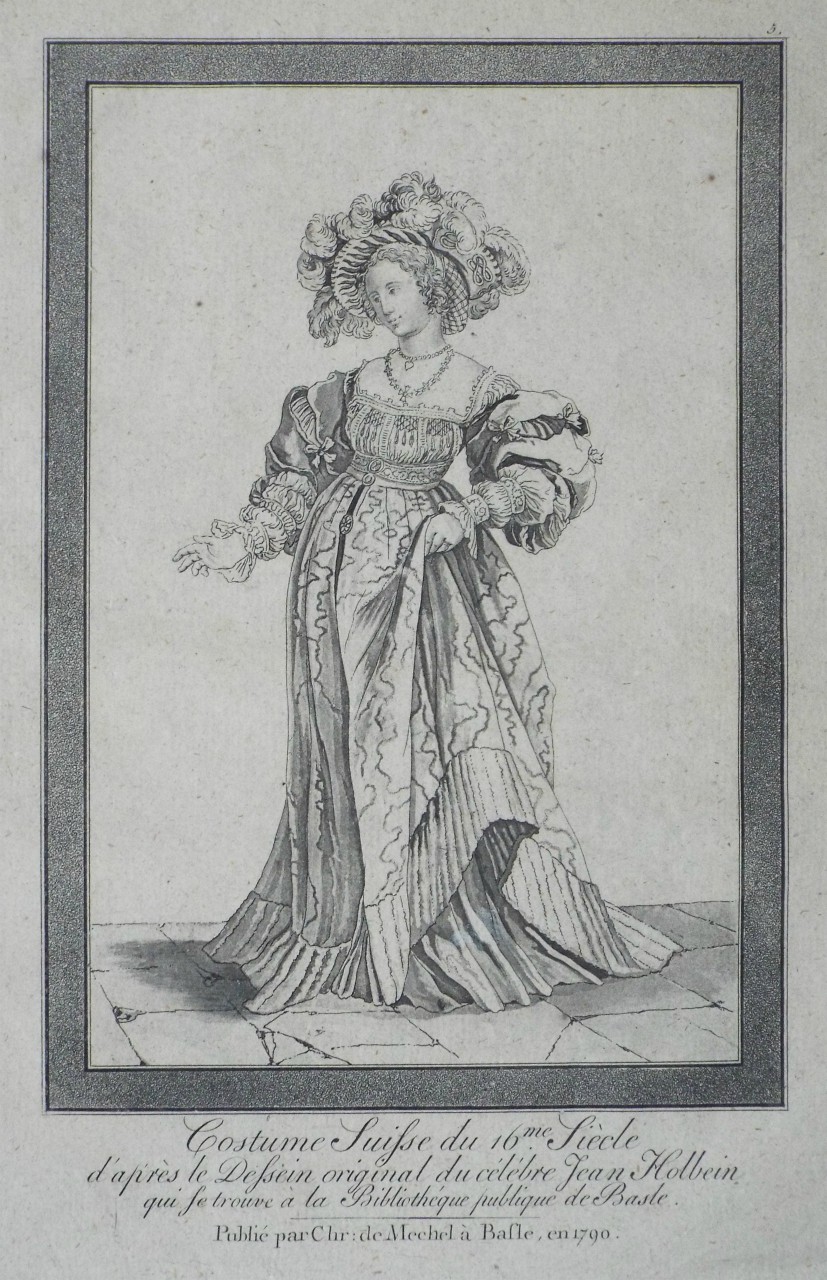 Aquatint - Costume Suisse du 16me Siece. d'apres le Dessein original du celebre Jean Holbein qui se trouve a la Bibliotheque publique de Basle.