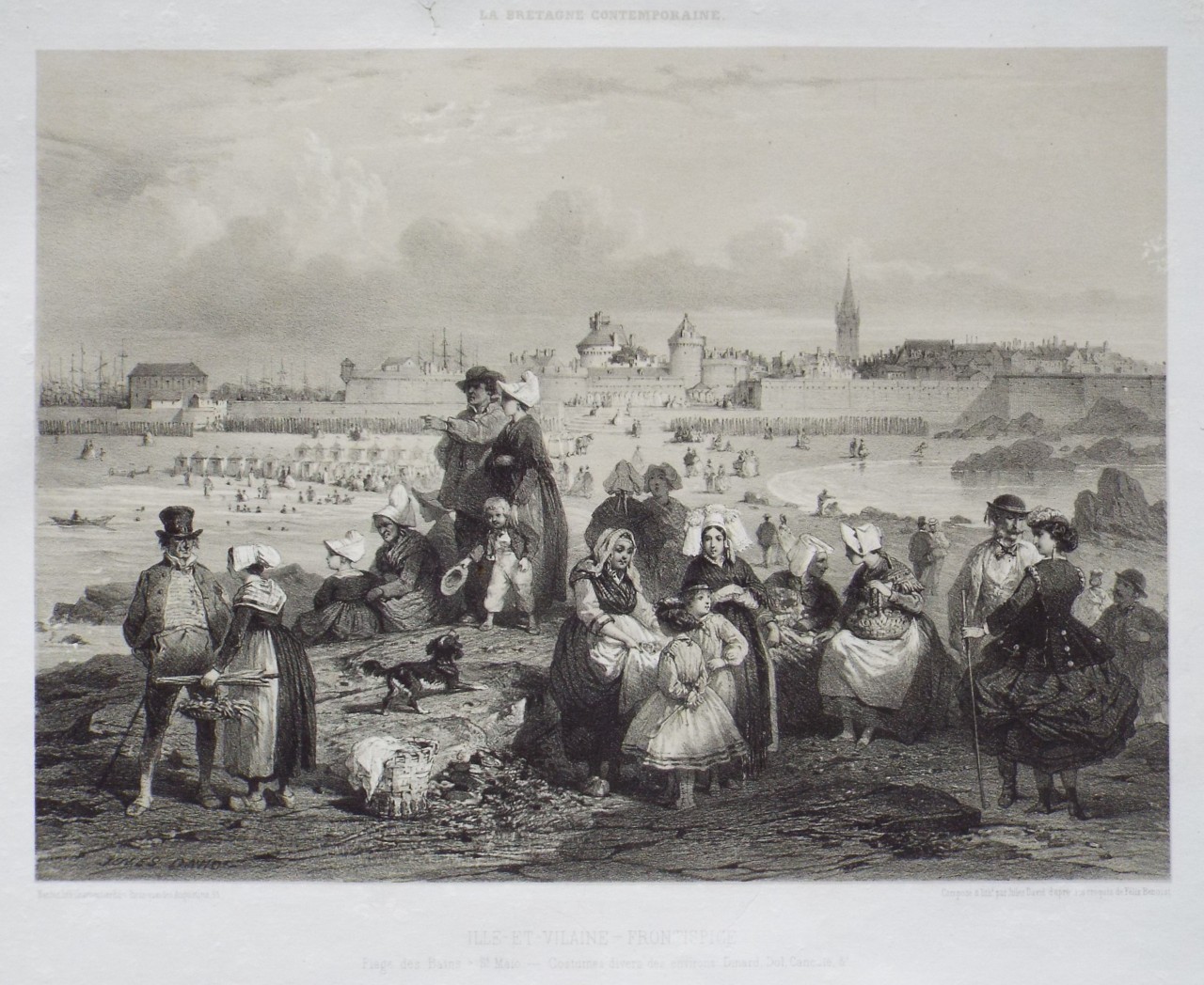 Lithograph - Ille et Vilaine - Frontispiece Plage des Bains a St. Malo - Costumes divers des environs. Dinard, Dol, Cancale &c - Jules