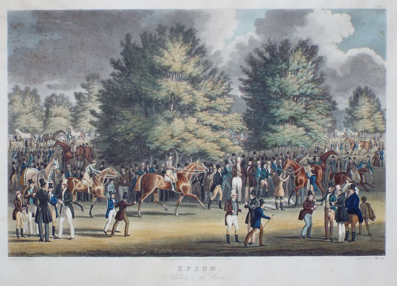 Aquatint - Epsom. Saddling in the Warren. - Hunt