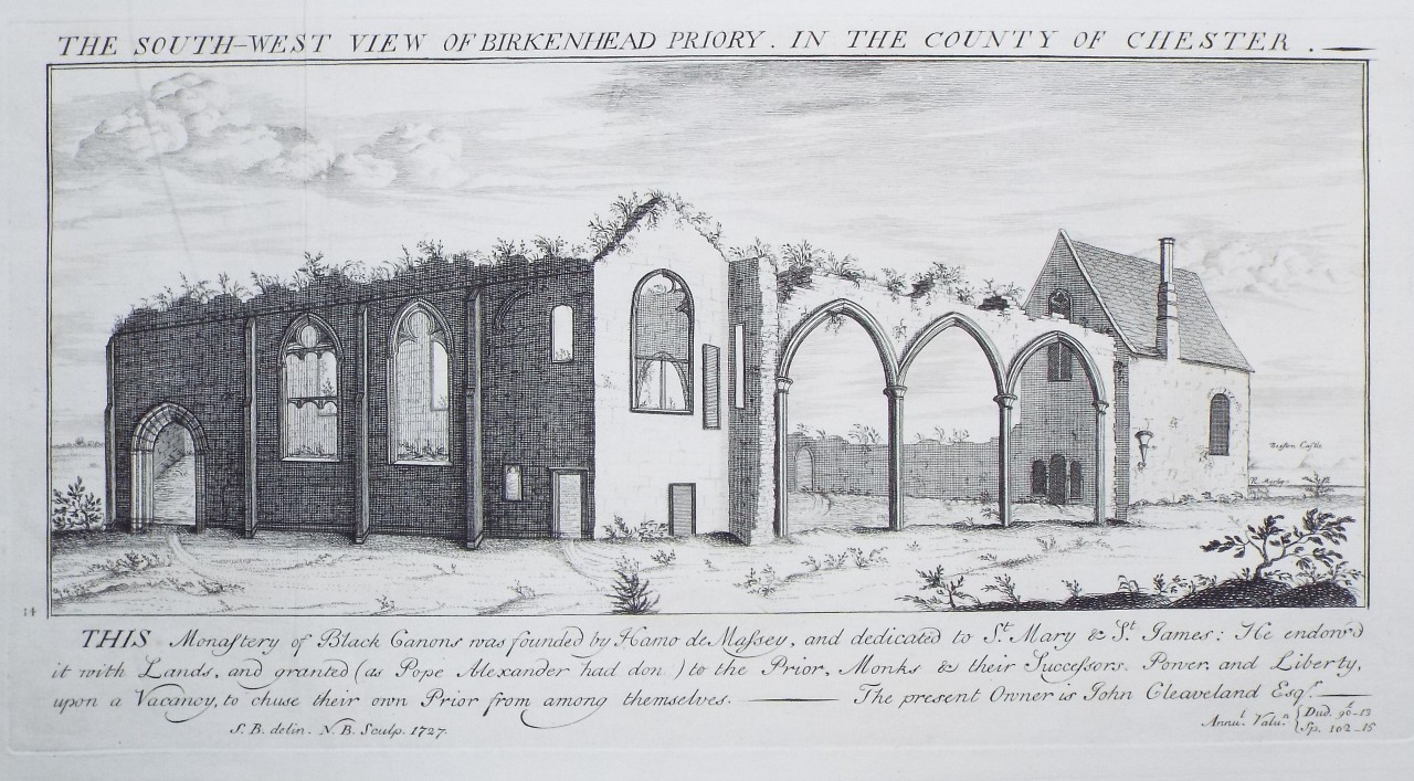 Print - The South-West View of Birkenhead Priory, in the County of Chester. - Buck