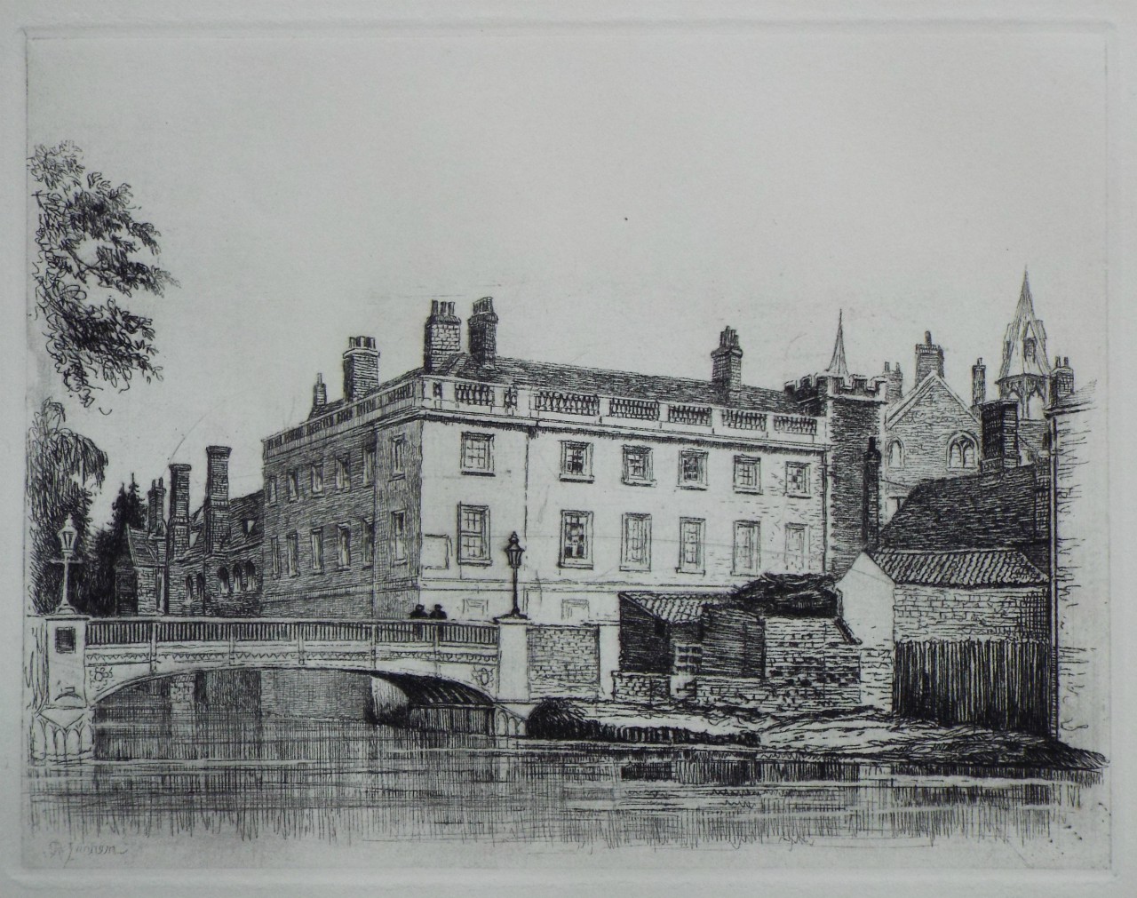 Etching - Queens' College and Small Bridge, from the River - Farren