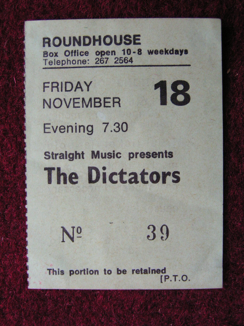 Ticket Stub - Dictators Roundhouse Fri Nov 18 (1977)