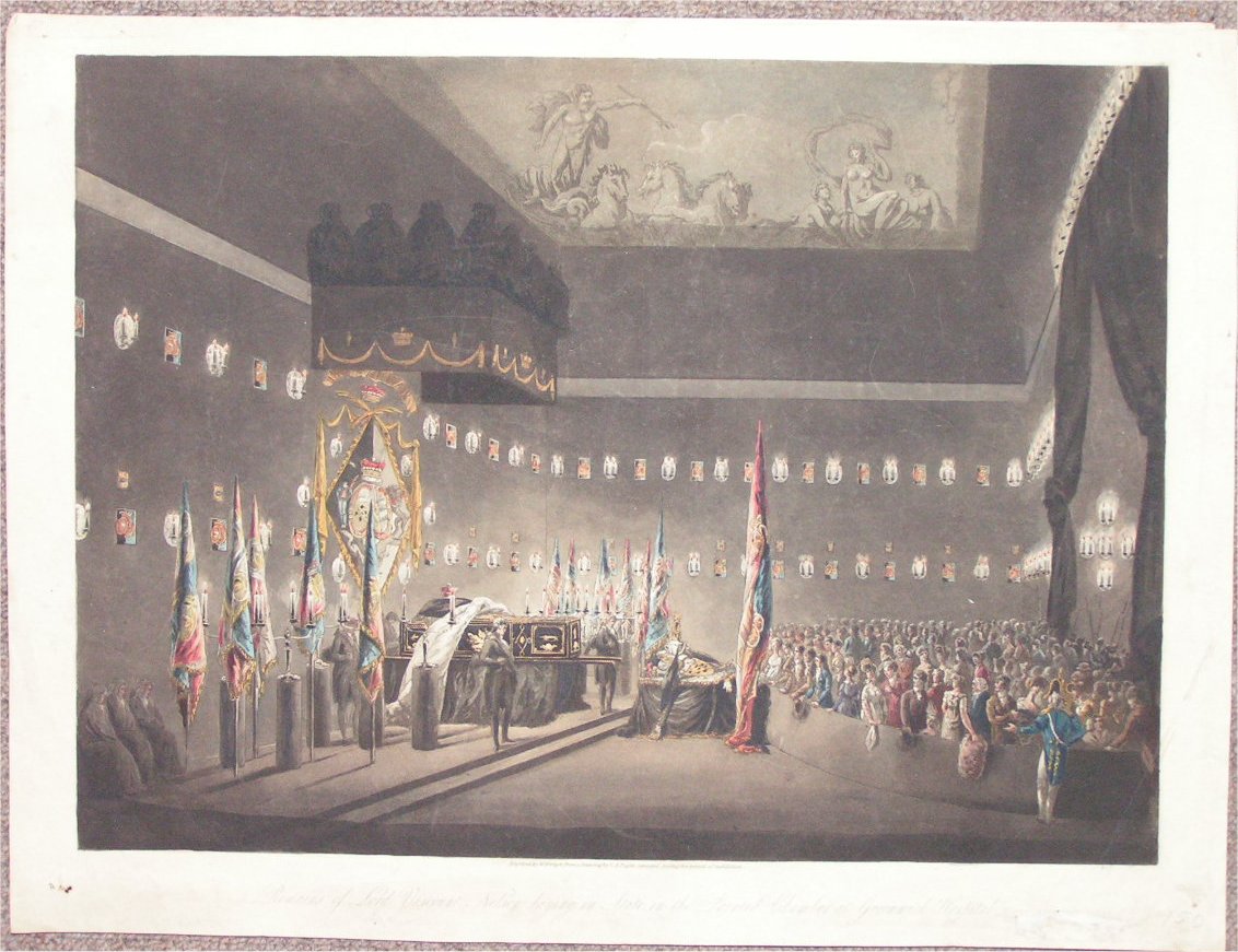 Aquatint - Remains of Lord Viscount Nelson laying in State in the Painted Chamber at Greenwich Hospital - Merigot