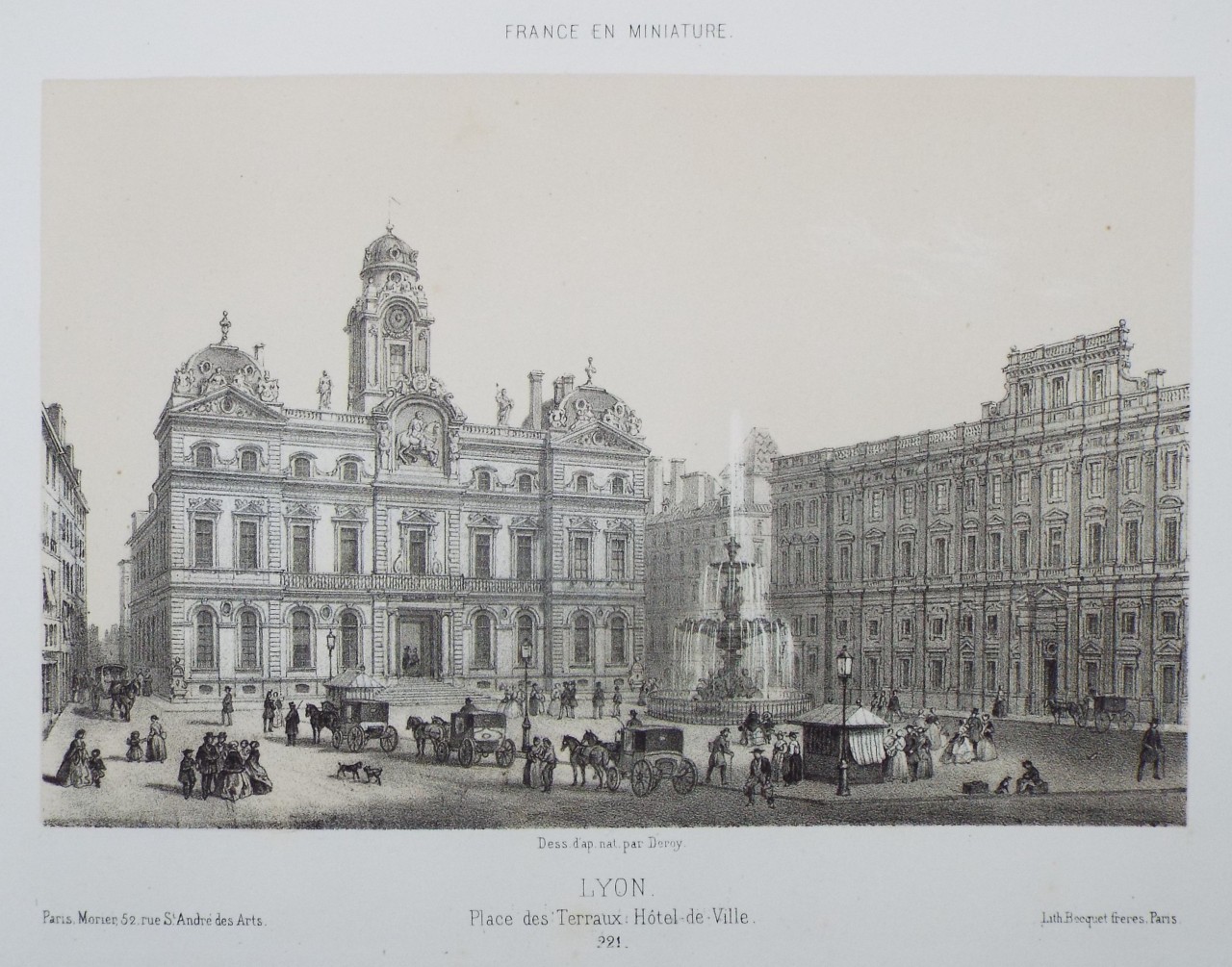 Lithograph - Lyon. Place des Terraux, Hotel-de-Ville. - 