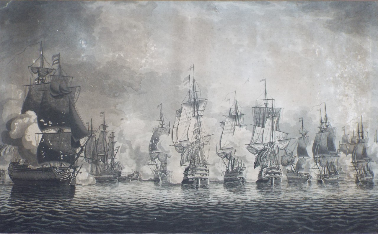 Aquatint - Battle of Trafalgar featuring the French ship 