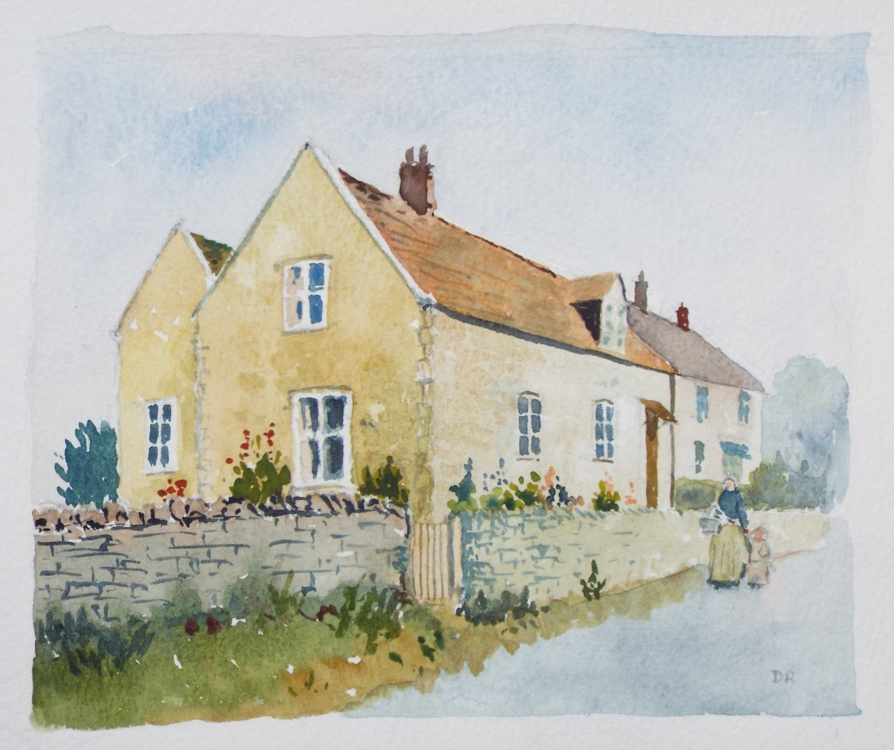 Watercolour - Cottages in village street