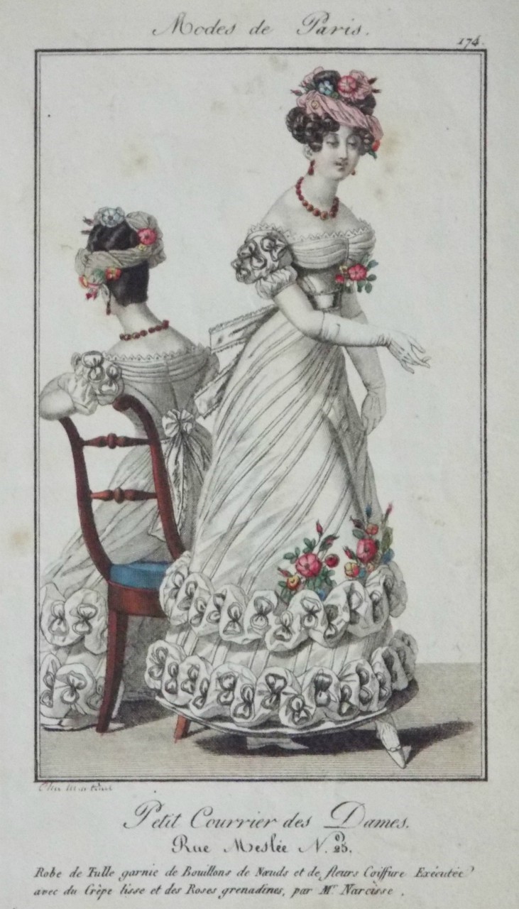 Print - Robe de Tulle garnie de Bouillons de Noeuds et de fleurs Coiffure Executee avec du Crepe lisse et des Roses grenadines, par Mr. Narcisse.