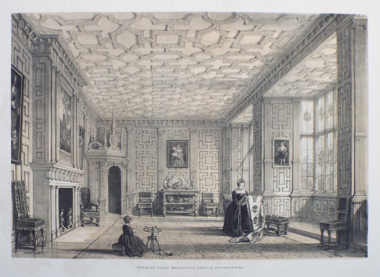 Lithograph - Drawing Room, Broughton Castle, Oxfordshire. - Nash