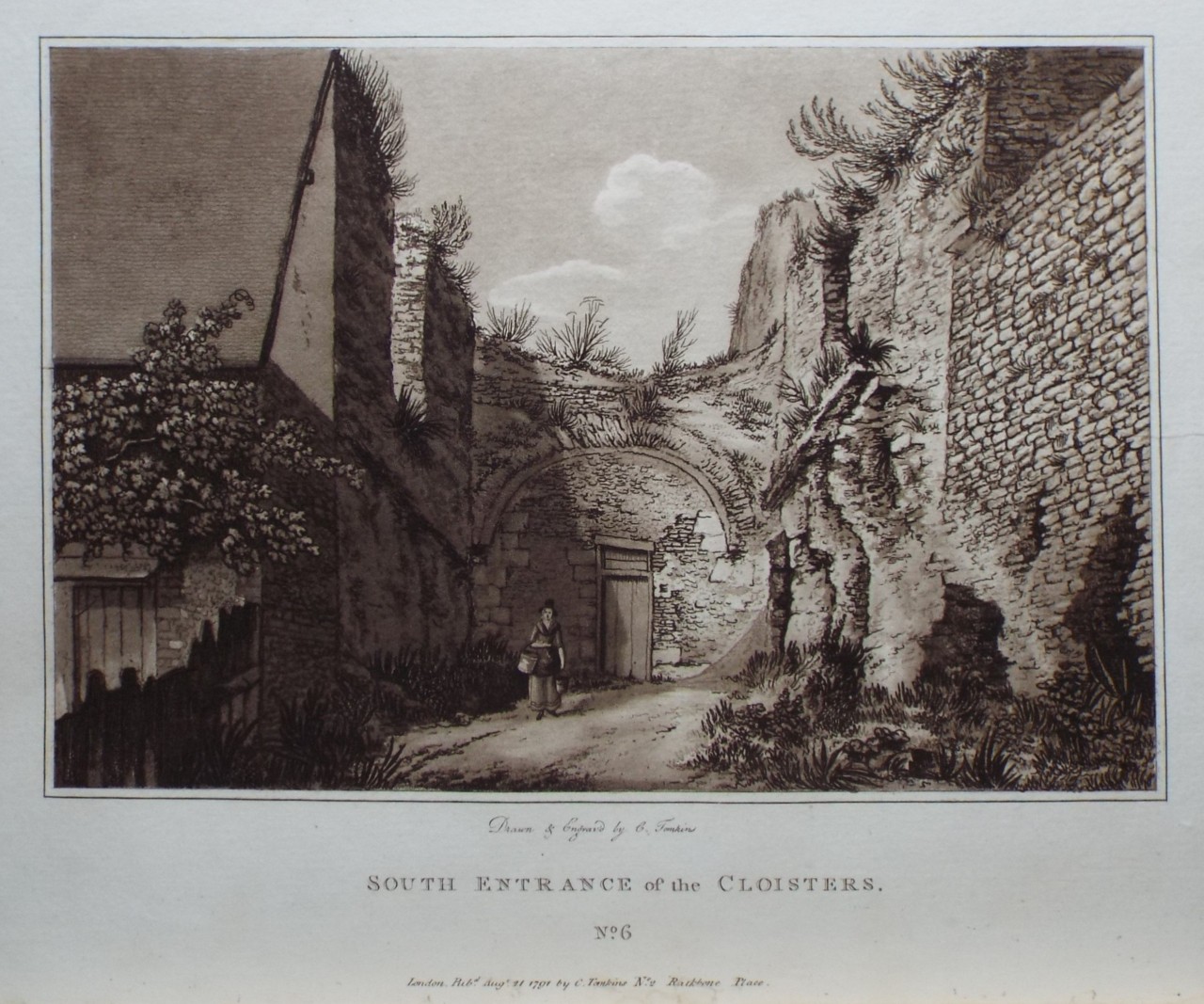 Aquatint - South Entrance of the Cloisters. - Tomkins