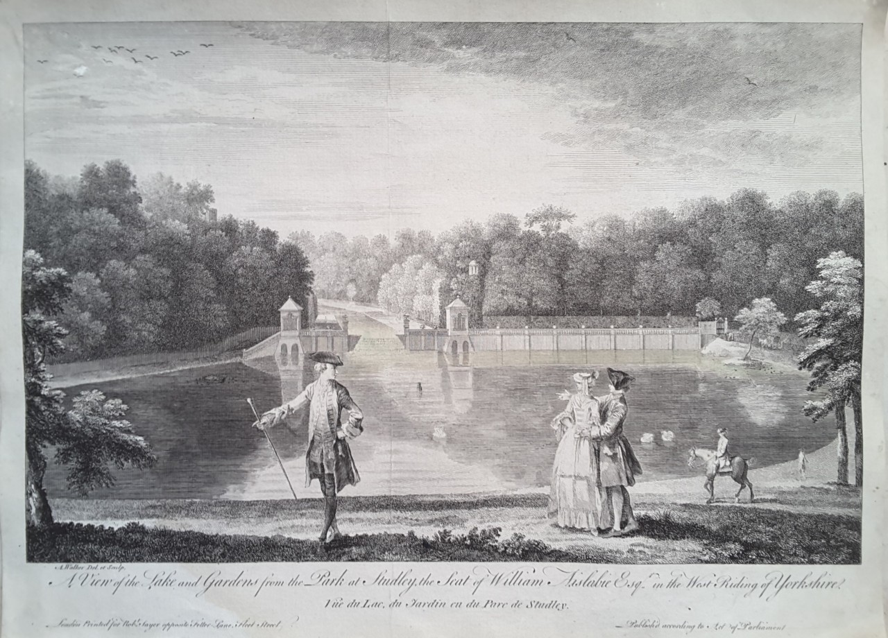 Print - A View of the Lake and Gardens from the Park at Studley, the Seat of William Aislabie Esq.r in the West Riding of Yorkshire. Vu du Lac, du Jardin eu du Parc de Studley. - Walker