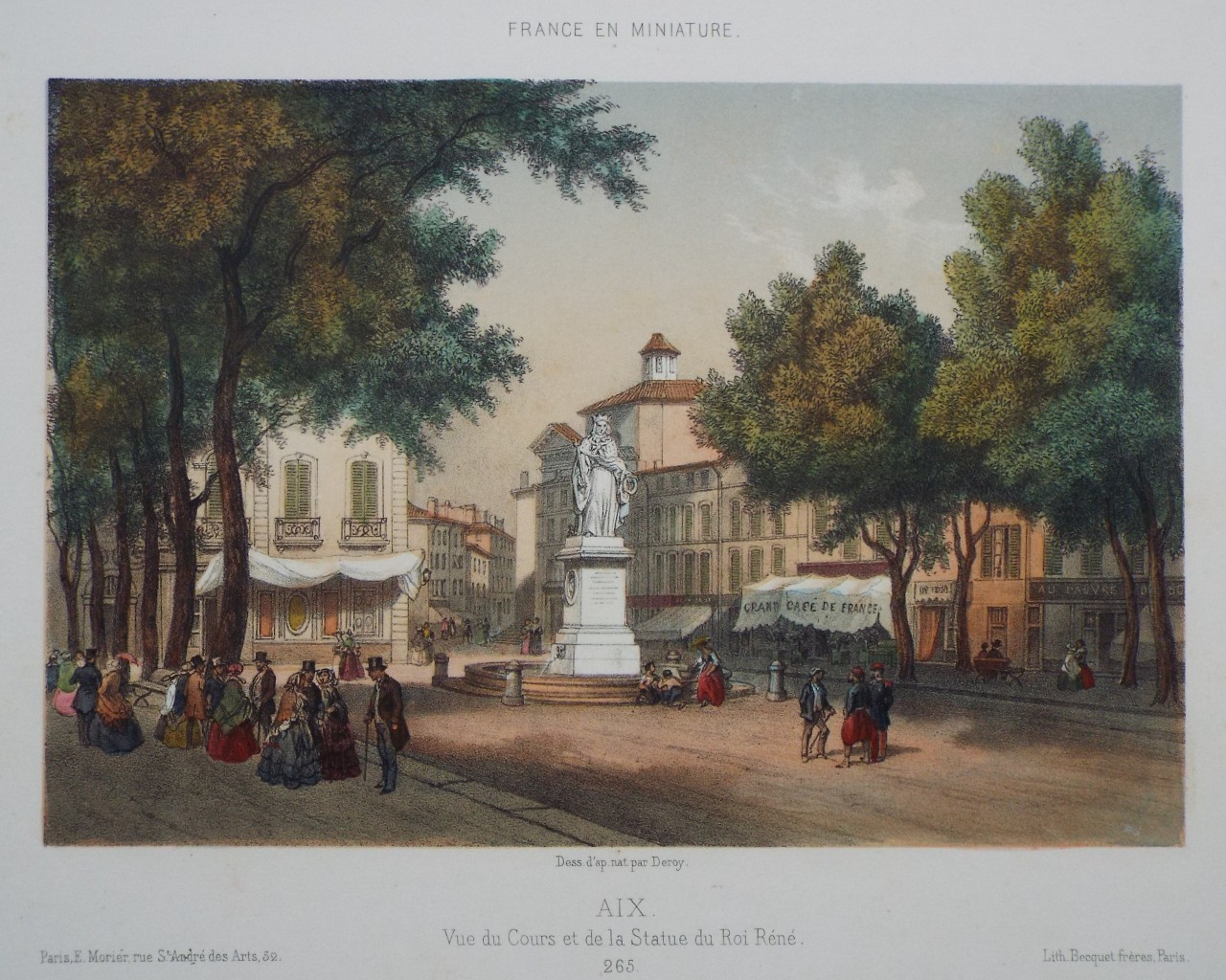 Lithograph - Aix. Vue du Cours et de la Statue du Roi Rene. - 