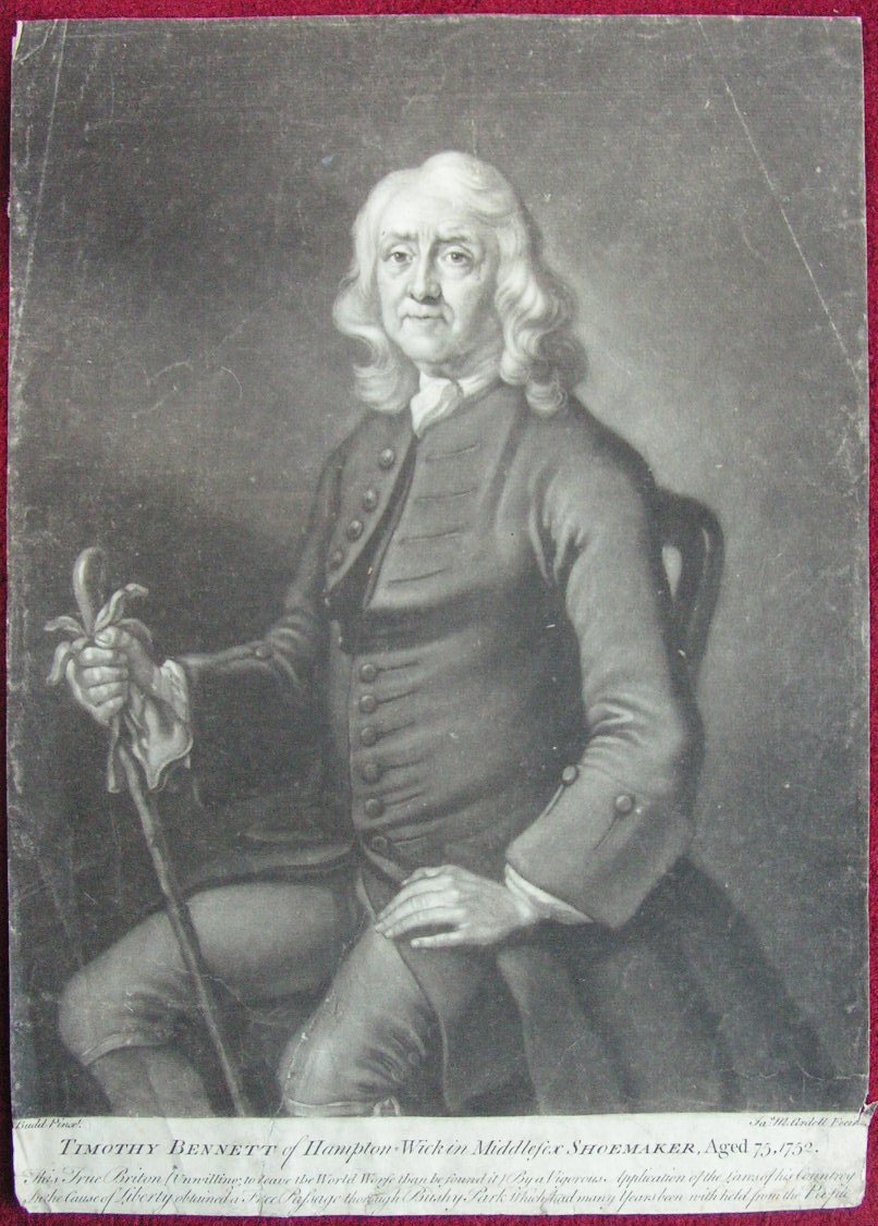 Mezzotint - Timothy Bennett of Hampton Wick in Middlesex Shoemaker, Aged 75, 1752. - McArdell