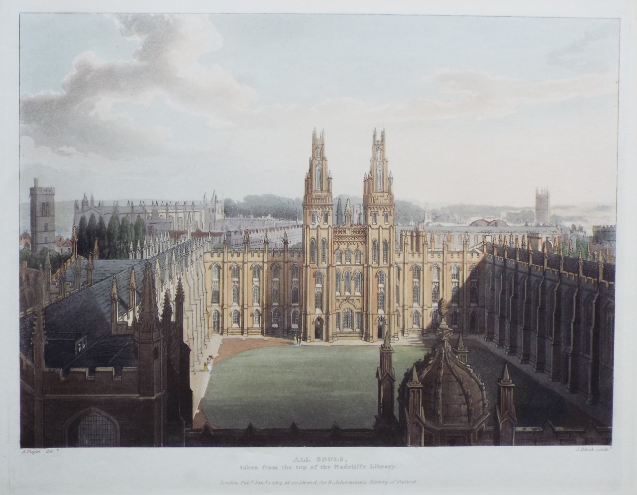 Aquatint - All Souls, taken from the top of the Radcliffe Library. - Bluck