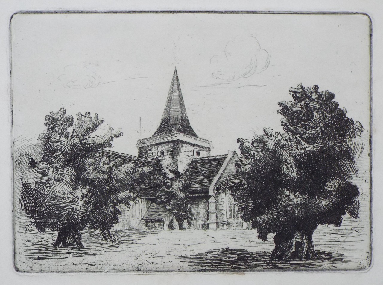 Etching - An unidentified church with spire