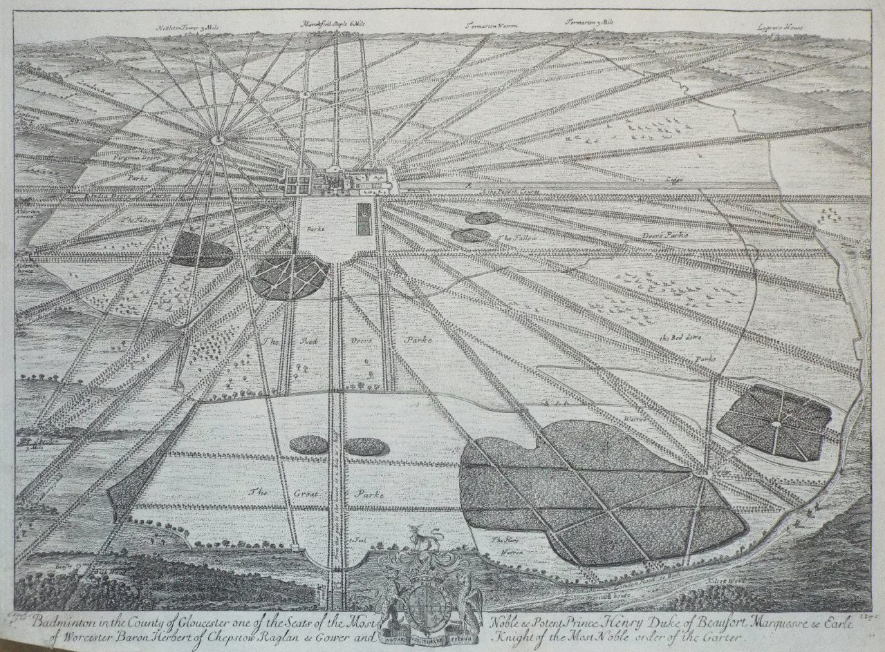 Print - Badminton in the County of Gloucester one of the Seats of the Most Noble & Potent Prince Henry Duke of Beaufort Marquesse & Earle of Worcester Baron Herbert of Chepstow Raglan & Gower, and Knight of the Most Noble order of the Garter. - Kip