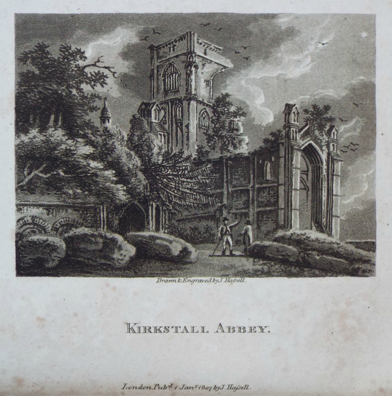Aquatint - Kirkstall Abbey. - Hassell