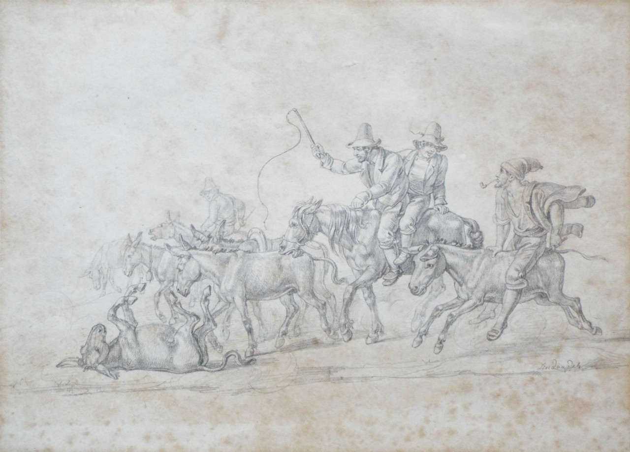 Pencil drawing - Men riding donkeys