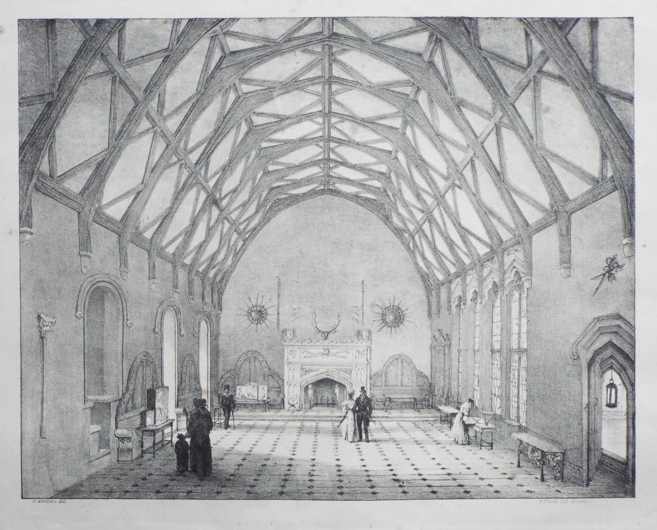 Lithograph - (The Hall of Berkeley Castle) - Marklove