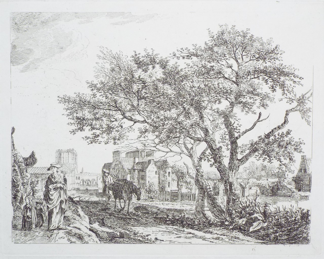 Etching - Haddington, East Lothian, c.1751. Bothwell Castle, semi-ruined St Mary's Church, and Nungate Bridge  - Sandby