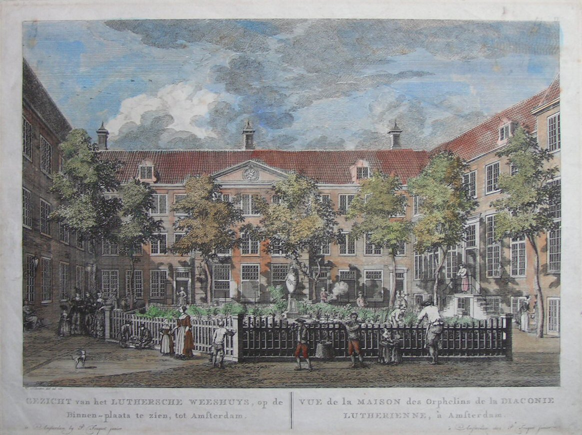 Etching - Gezicht van het Luthersche Weeshuys, op de Binnen-plaats te zien, tot Amsterdam. Vue de la Maison des Orphelins de la Diaconie Lutherienne, a Amsterdam. - Schoute