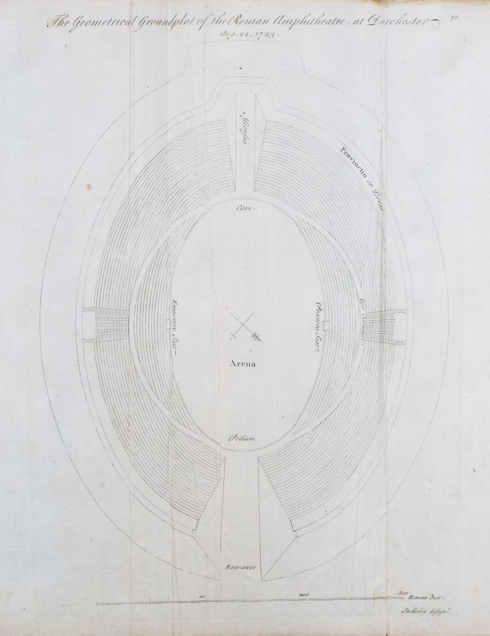 Print - The Geometrical Groundplot of the Roman Ampitheatre at Dorchester Aug. 22. 1723.